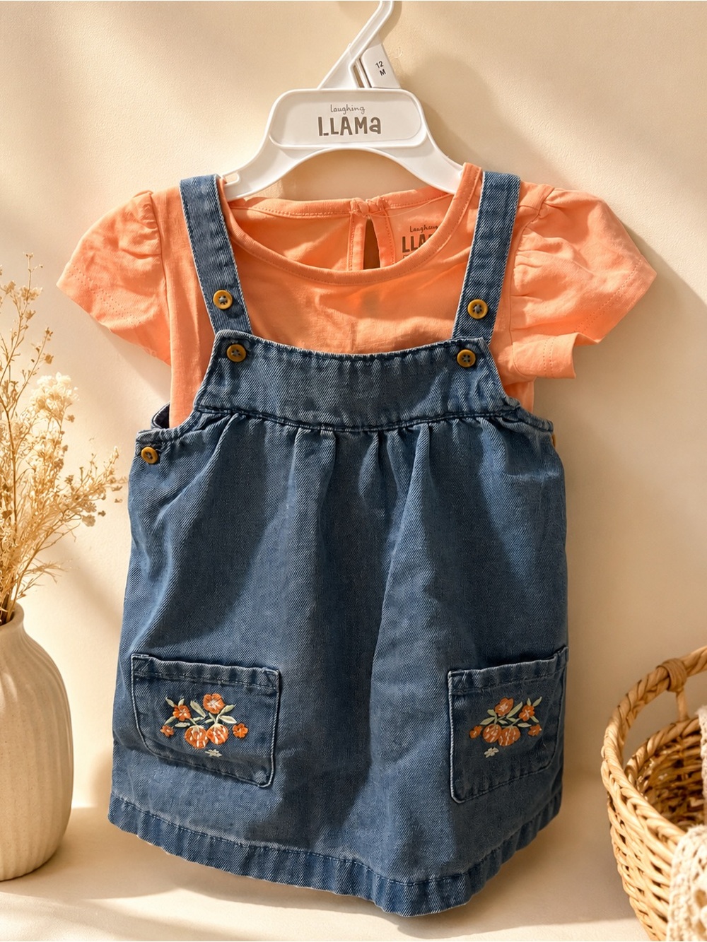 Orange Tee with Blue Denim Pinafore Dress for Girls